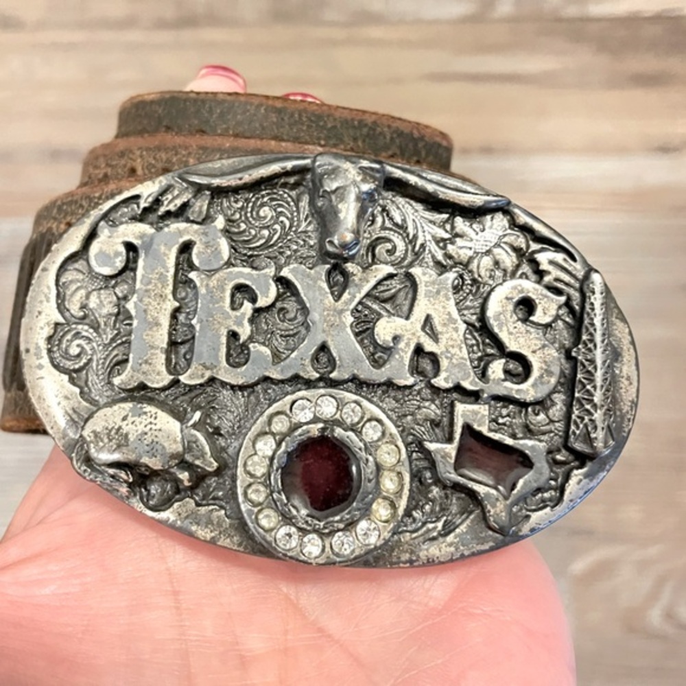 Vintage Texas Belt Buckle Red Enamel Inlay Rhinestones on Brown Leather Belt S/M